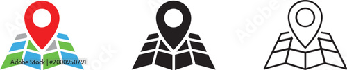 Map pin location icons set, 3 navigation pointer symbols on grid maps, red destination marker and black line art eps vector for travel apps