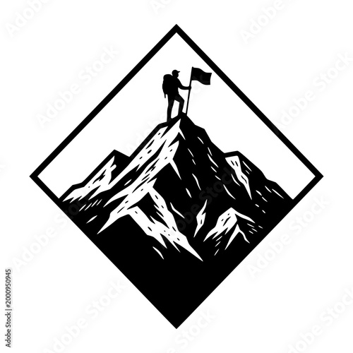 Triumph at the Summit: An emblem of resolute determination. A mountaineer stands at the peak, brandishing a flag with unwavering resolve, against a stark backdrop. 