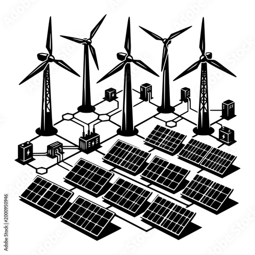 Energy Integration: Illustrative depiction of a modern energy grid powered by the wind turbines and solar panels, reflecting the core principle of sustainability and environmental responsibility.