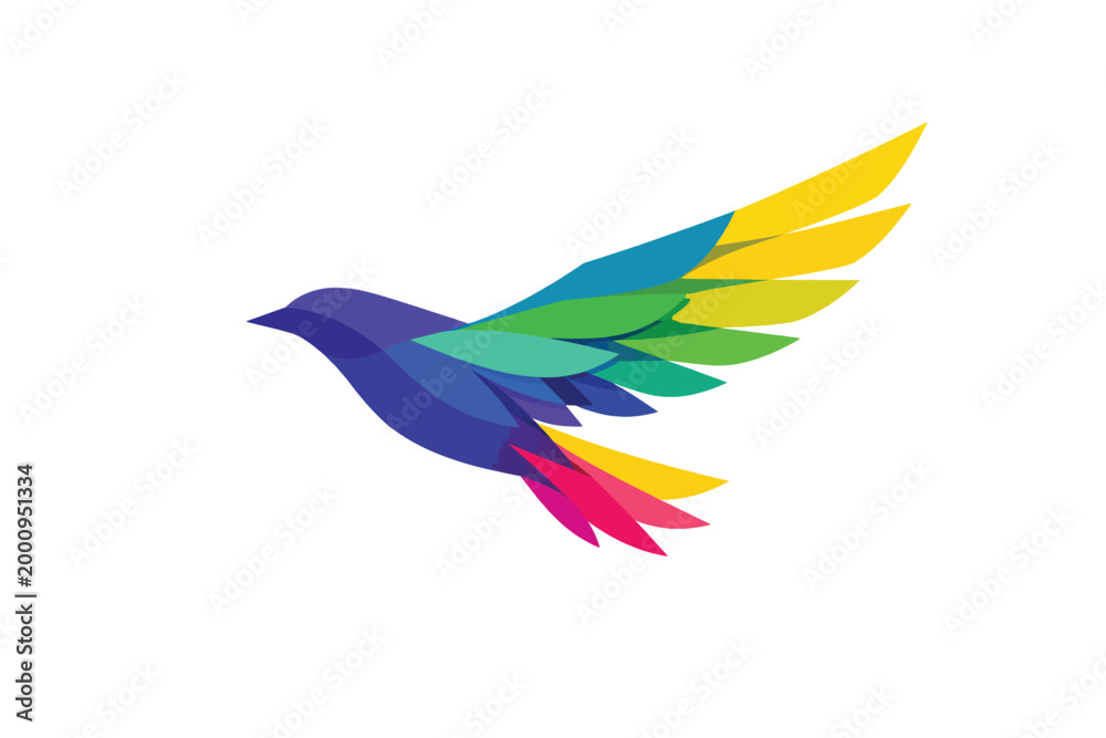 Obraz premium Colorful Flying Bird: A vibrant and modern illustration of a bird in flight, showcasing a spectrum of colors in its wings.