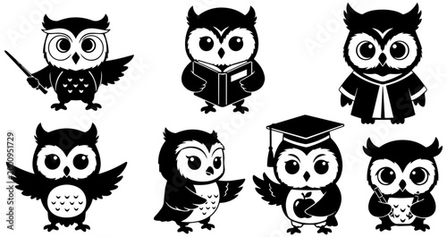 Collection of adorable cartoon owls in various educational and wise poses for design and illustration projects