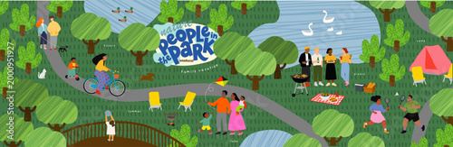 People in a family park. Vector summer illustrations of a picnic in nature, biking, a child on a scooter, a family flying a kite, a barbecue with friends, playing badminton and ball, a walk, camping, 