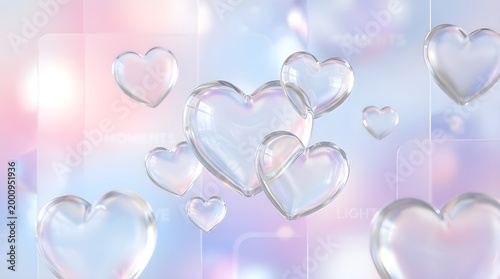 Multiple transparent glass hearts floating in a dreamy colorful environment, perfect for romantic visuals