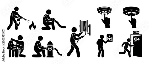 Fire Safety Icons Set, Pictogram People Using Fire Extinguisher, Hose, Alarm, And Emergency Exit Sign For Building Evacuation Procedures, Professional Workplace Hazard Prevention And Protection Symbol