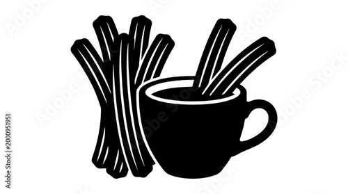 Vector silhouette of churros with dipping bowl, Spanish dessert snack art