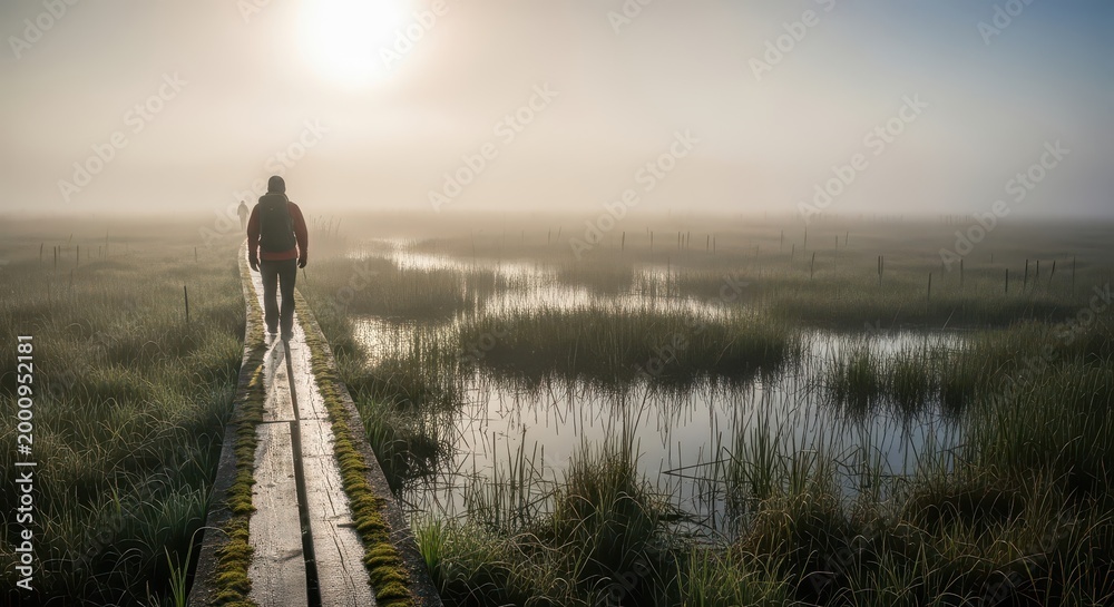 Fototapeta premium Hiker walks along a wooden boardwalk through a misty marshland at sunrise.