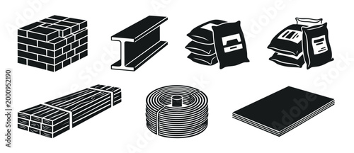 Construction Materials Icons Set: Bricks, Steel Beams, Cement Bags, Timber Planks, Wire Coils and Plywood Sheets for Building Infrastructure Projects, Architecture Drafting and Heavy Industry Vector I