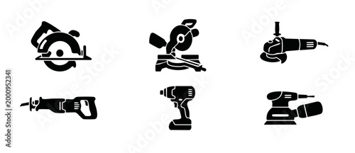 Power Tools Icons Set, Circular Saw Miter Saw Grinder Drill Vector Symbols for Construction and Woodworking Workshop Equipment, Professional Handheld Industrial Machinery Collection in Flat Silhouette