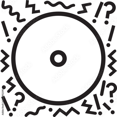 Abstract image of a central circle surrounded by exclamation and question marks.