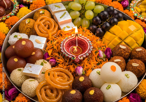 Diwali festival platter with traditional indian sweets diya lamp and fresh fruits for celebration