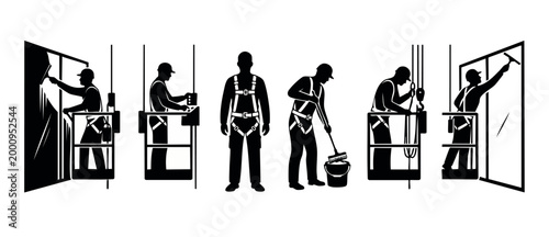 Window Cleaner Silhouette Set with Safety Harness and Equipment for High Rise Building Maintenance, Professional Industrial Rope Access Workers in Black and White Flat Vector Icons on White Background