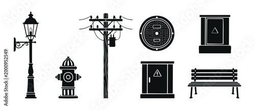 Urban Infrastructure Elements Set, City Street Objects, Power Pole, Manhole Cover, Hydrant, Street Lamp, Electrical Box and Park Bench Icons for Architectural Planning and Vector Cityscape Illustratio