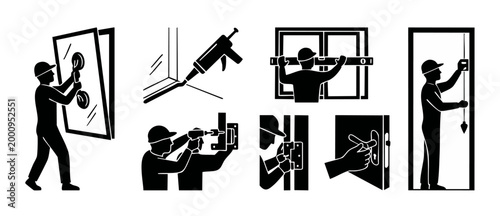 Window and Door Installation Icons Set, Professional Construction Worker Silhouette Symbols for Home Improvement, Repair Service, Glazing, Carpentry, and Building Maintenance Vector Graphics Collectio