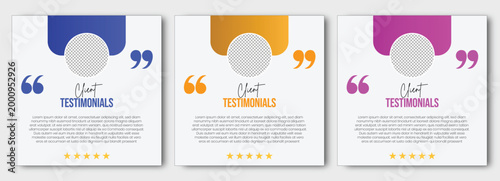 Client testimonial template with quote symbols and star rating, modern gradient banner layout with profile circle and review text, colorful blue orange pink design for feedback 