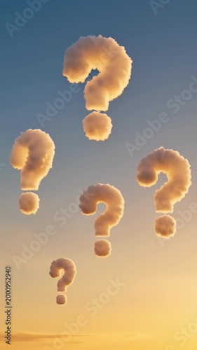 Surreal cloud question marks hovering in golden sunset sky