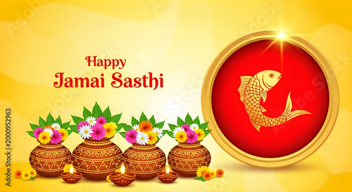 Happy jamai sasthi greeting card design with traditional clay pots flowers and a golden fish symbol in yellow background