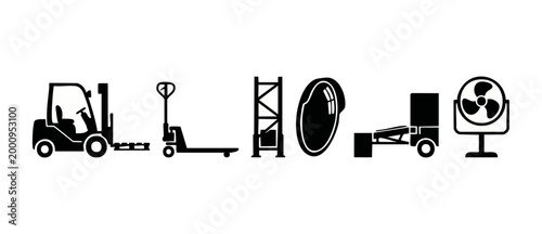 Warehouse Logistics Icons Set - Forklift, Pallet Jack, Shelving, Mirror, Trailer, Industrial Fan - Black Silhouette Symbols for Supply Chain Management, Distribution Center Equipment, and Material Han