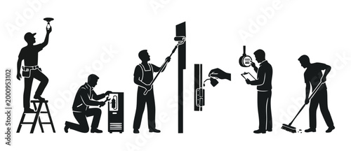 Professional Handyman Services Icon Set, Maintenance Worker Silhouette Collection, Repair and Home Improvement Construction Tasks, Technical Facility Management Vector Illustration Isolated on White B