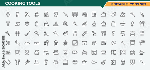 Cooking tools modern icon set. Collection for mobile and web apps. Related to utensil, kitchenware, cooking, spoon, cook, chef, tool. Editable stroke. Vector illustration. Cooking icon collection.