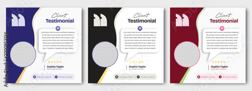 Client testimonial template social media post design with quote bubble rating stars profile circle placeholder modern corporate layout branding concept of marketing promotion and customer feedback