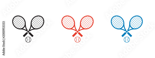 Tennis rackets and ball icons, black red blue vector illustration set for sports design branding web and modern infographic use