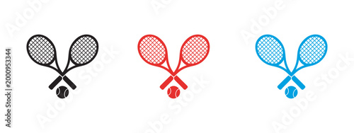 Tennis rackets and ball icons, black red blue vector illustration set for sports design branding web and modern infographic use