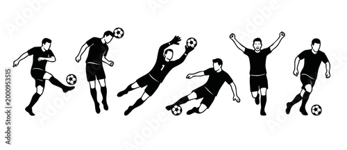 Soccer players silhouettes set, active football athletes in various actions, kicking passing and goalkeeping poses, isolated black vector illustrations for sport design, competition and championship t