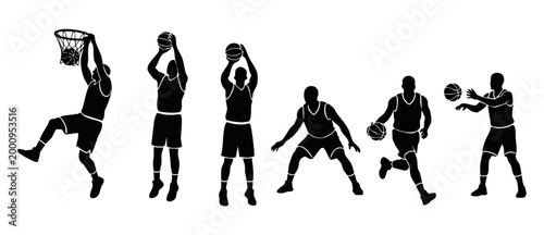 Basketball player silhouettes set, action moves and dribbling shots. Collection of athletic sportsman figures in dynamic poses isolated on white background for sports design, training graphics and ico