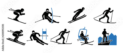 Skiing icons set, flat vector silhouettes of alpine skiers in different action poses on snow slopes, professional mountain resort winter sports pictogram collection for sports apps and infographics de
