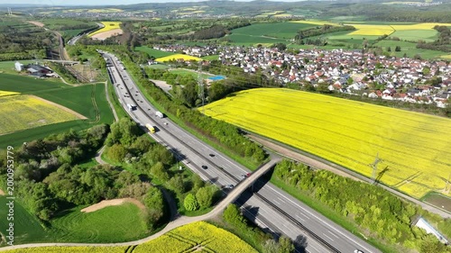 Idstein, Germany - April 23, 2026: Aerial view of dense traffic on German highway A3 between Bad Camberg and Idstein.