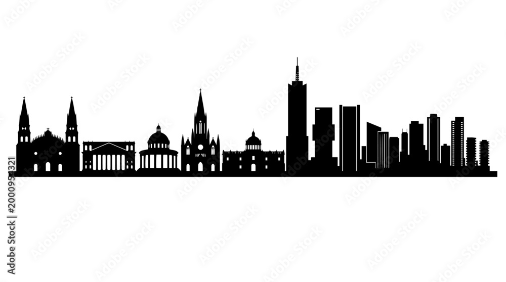 Obraz premium Vector silhouette of mixed city skyline with historic towers, domes, and modern high‑rise buildings, urban landmark art