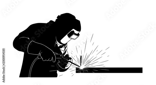 Industrial Welder Silhouette with Sparks Flying While Working on Metal