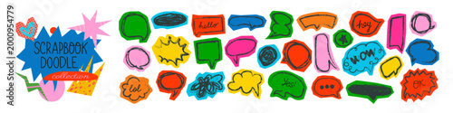 Funky Y2K speech bubble scrapbook collection. Colorful comic dialogue bubbles with hand drawn sketch style for messages, text and creative design.