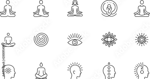 Black line icons of various yoga and meditation symbols and poses