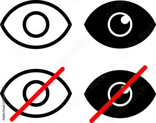Four stylized eye icons in black white and red for vision and privacy concepts