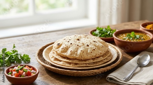 Stack of fresh chapati flatbread on a wooden table. Traditional Indian meal with dal and fresh salad. Homemade roti served with lentils and herbs