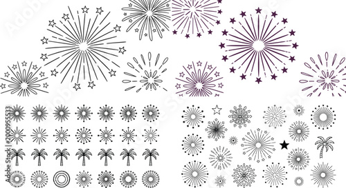 Blue fireworks vector mega collection with starburst shapes, radial patterns and festive celebration design elements set