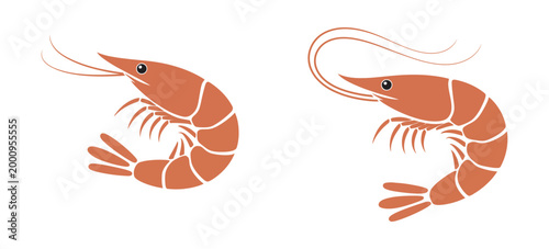 Vibrant orange shrimp icons vector illustration set, in different poses for seafood menu app branding infographic and UI design elements