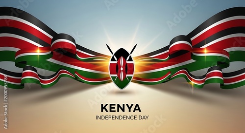 Kenya independence day celebration with waving flag ribbons and national shield