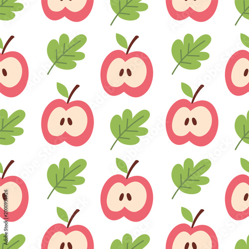 Cute Red Apple Half and Green Leaf Seamless Pattern
