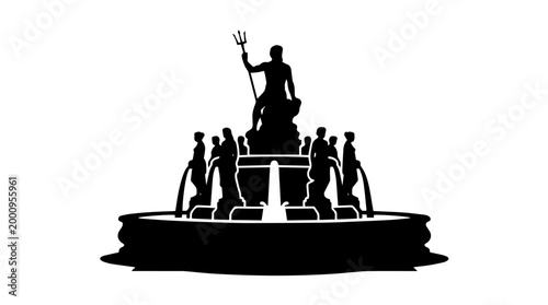 Vector silhouette of monumental fountain with Poseidon statue, trident, and surrounding figures, classical landmark art
