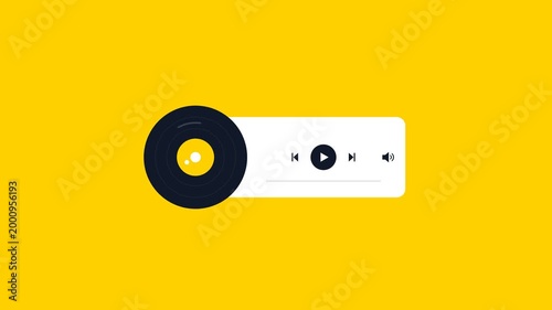 Vinyl Record Music Player Animation with Media Controls on Yellow Background
