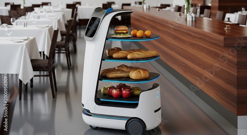 Autonomous Food Delivery Robot Serving Meals in a Modern Restaurant with Tables and Chairs
