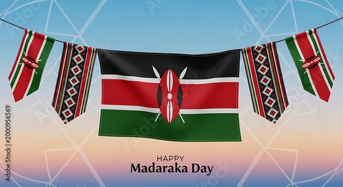 Happy madaraka day celebration with kenyan flags hanging on a string