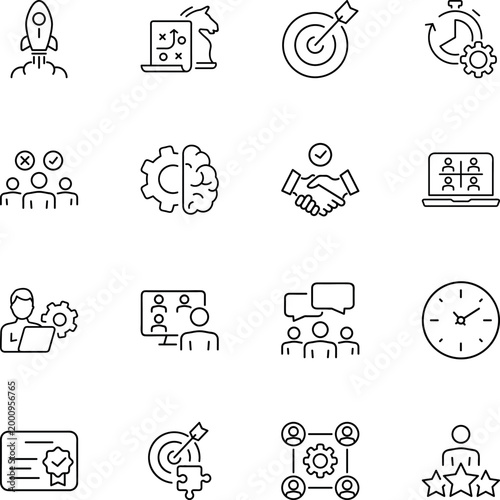 Business strategy teamwork success management development icons, rocket, target, handshake, laptop, certificate, clock, chess, brain, people