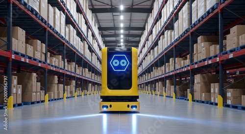 Autonomous yellow robot with glowing blue eyes navigates a modern warehouse filled with shelves