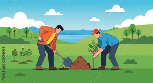 Two men planting a tree sapling in a vibrant meadow under a bright blue sky representing environmental protection and sustainable reforestation