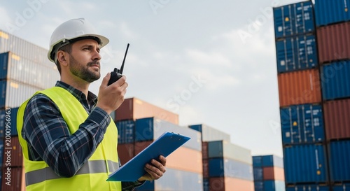 Bearded male industrial worker in reflective vest and hard hat communicating on radio, holding