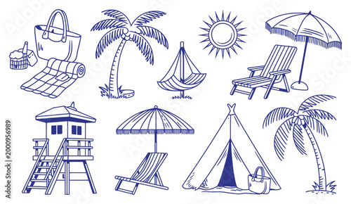 Hand drawn beach lounge chair with umbrella, boho teepee tent and coastal picnic elements, vacation themed illustration with hammock and relaxing summer vibe.