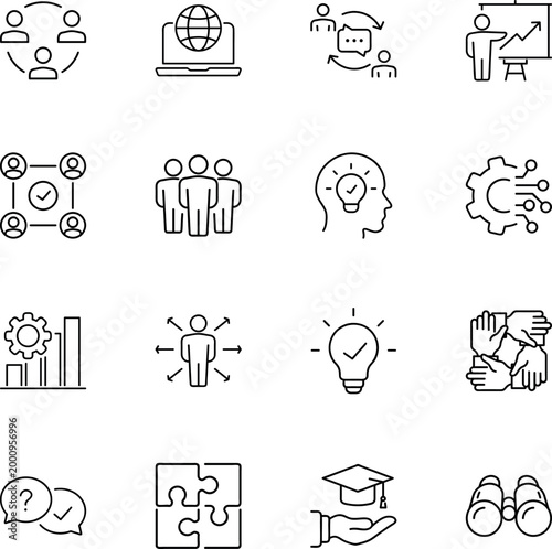 Business management teamwork strategy innovation solution icons, lightbulb, laptop, globe, gear, puzzle, binoculars, graduation cap, hands